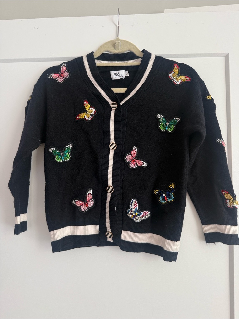 LOLA & THE BOYS Black Cardigan with Colorful Butterfly Embroidery